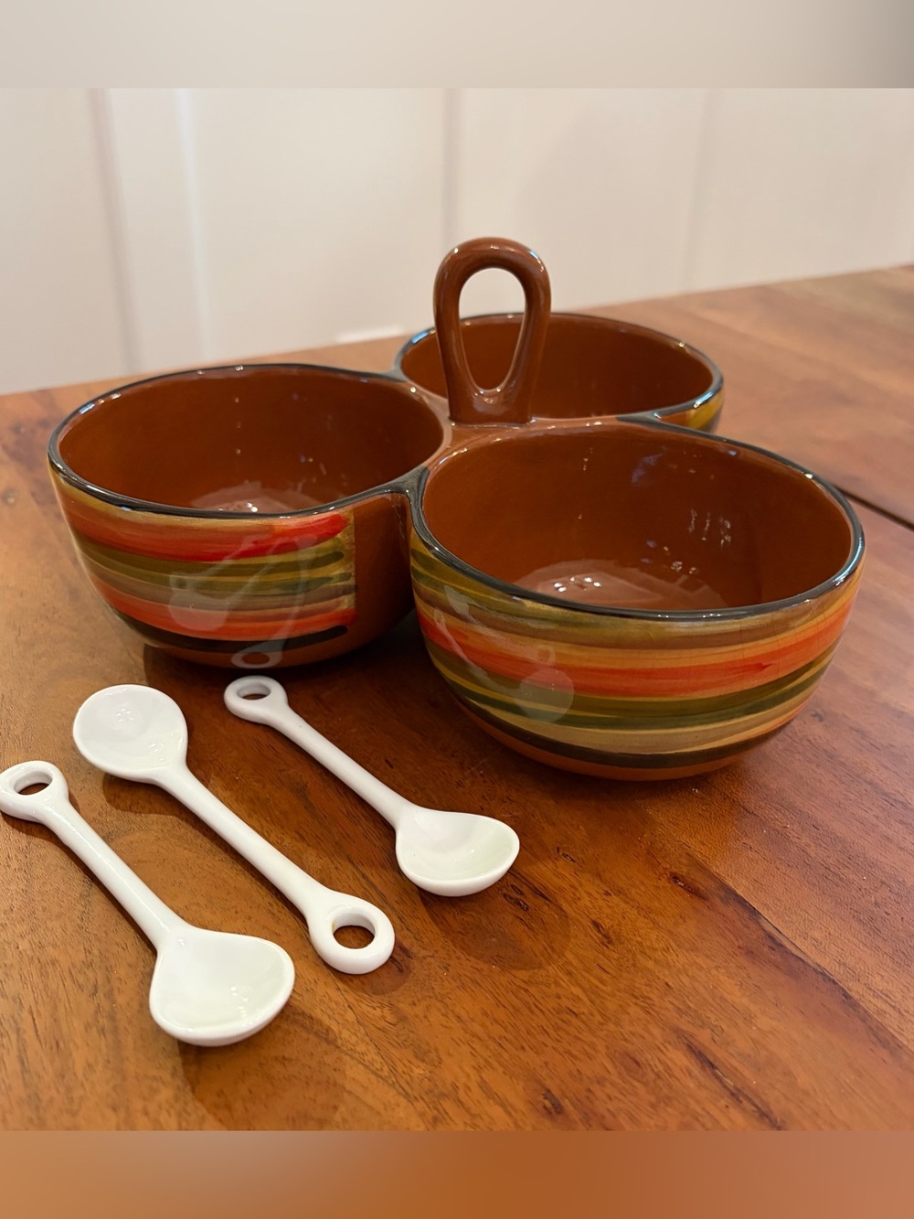 Vintage Y2K Crate & Barrel Raya Condiment Server Stripe Pottery Spoons MCM Boho